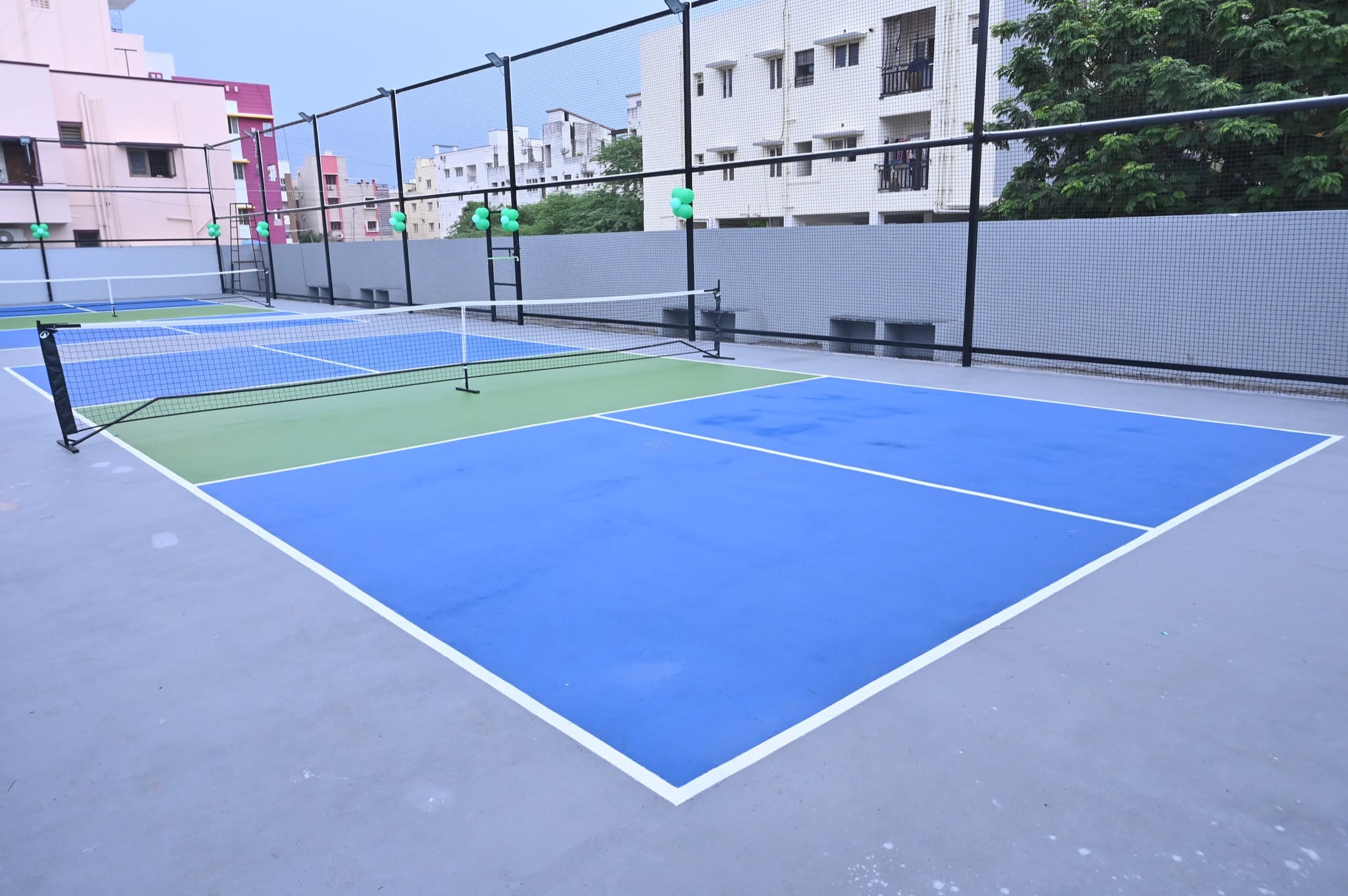 Close view of the acrylic court surface, the non-volley line and the net